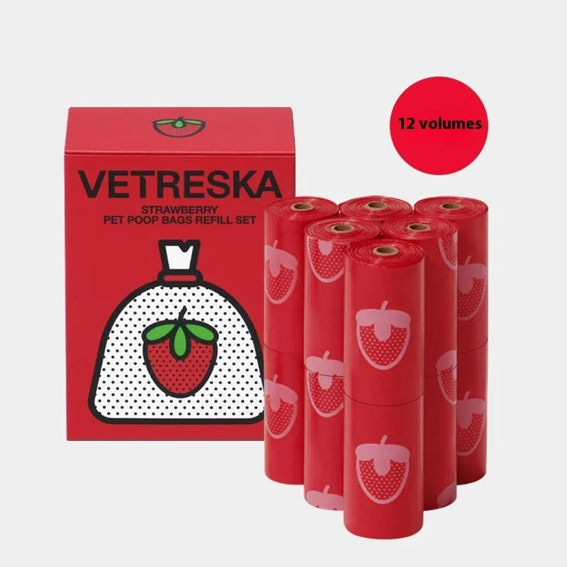 Portable dog poop picking bag capsule with scented inner bags in strawberry, orange and cherry blossom options