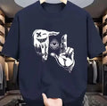 Men's short sleeve mesh T-shirt with cartoon print in various colours showing breathable fabric texture