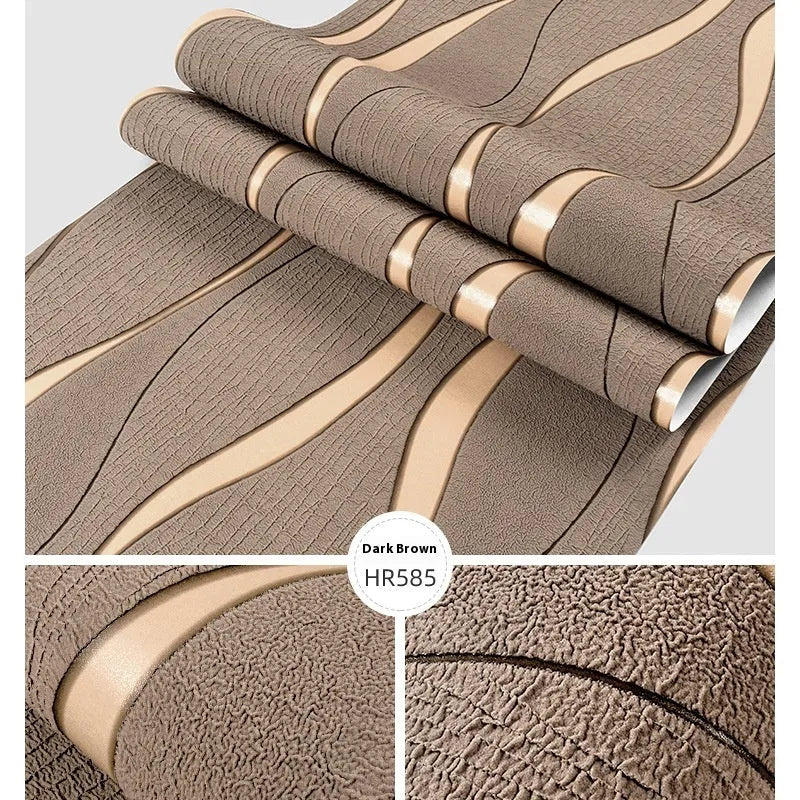 Curve stripe 3D textured wallpaper roll in dark brown deerskin velvet