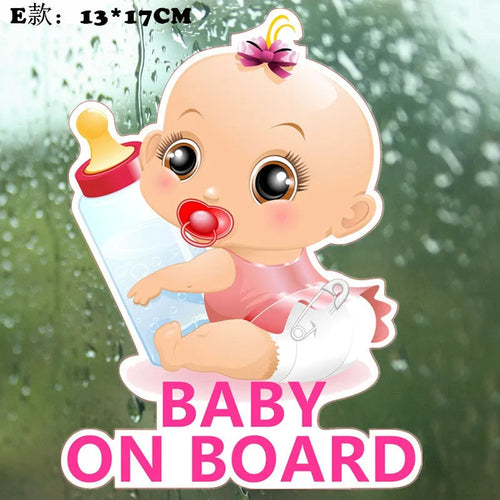Baby on Board reflective car stickers showing baby and bottle designs in PET material for vehicle safety