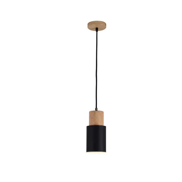 Compact wooden pendant light with wrought iron frame in black 10cm wide 18cm tall for island bar