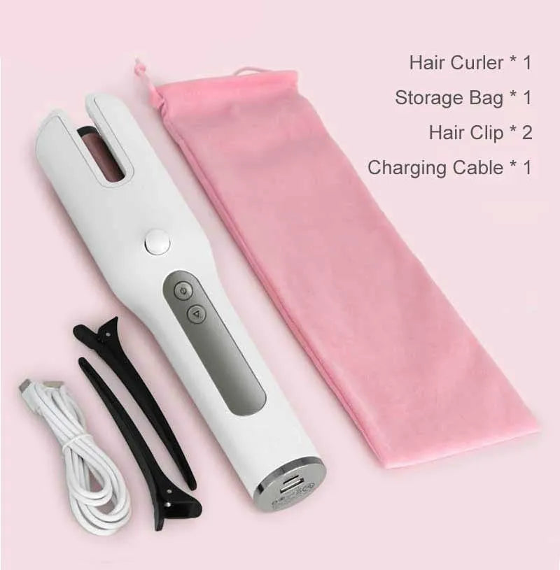 Wireless automatic hair curler with LCD screen, ceramic heating tube and 4800mAh battery, shown in pink
