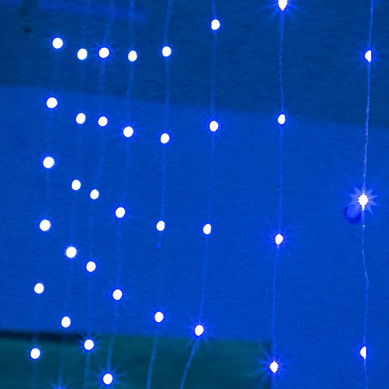 Copper wire curtain LED string lights in blue, purple, warm white, or white, with USB plug for power.