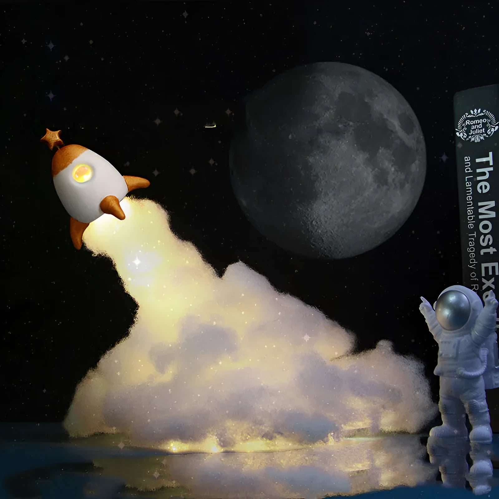 DIY astronaut rocket LED night light kit components including small model, straws, chassis, and string lights for assembly.