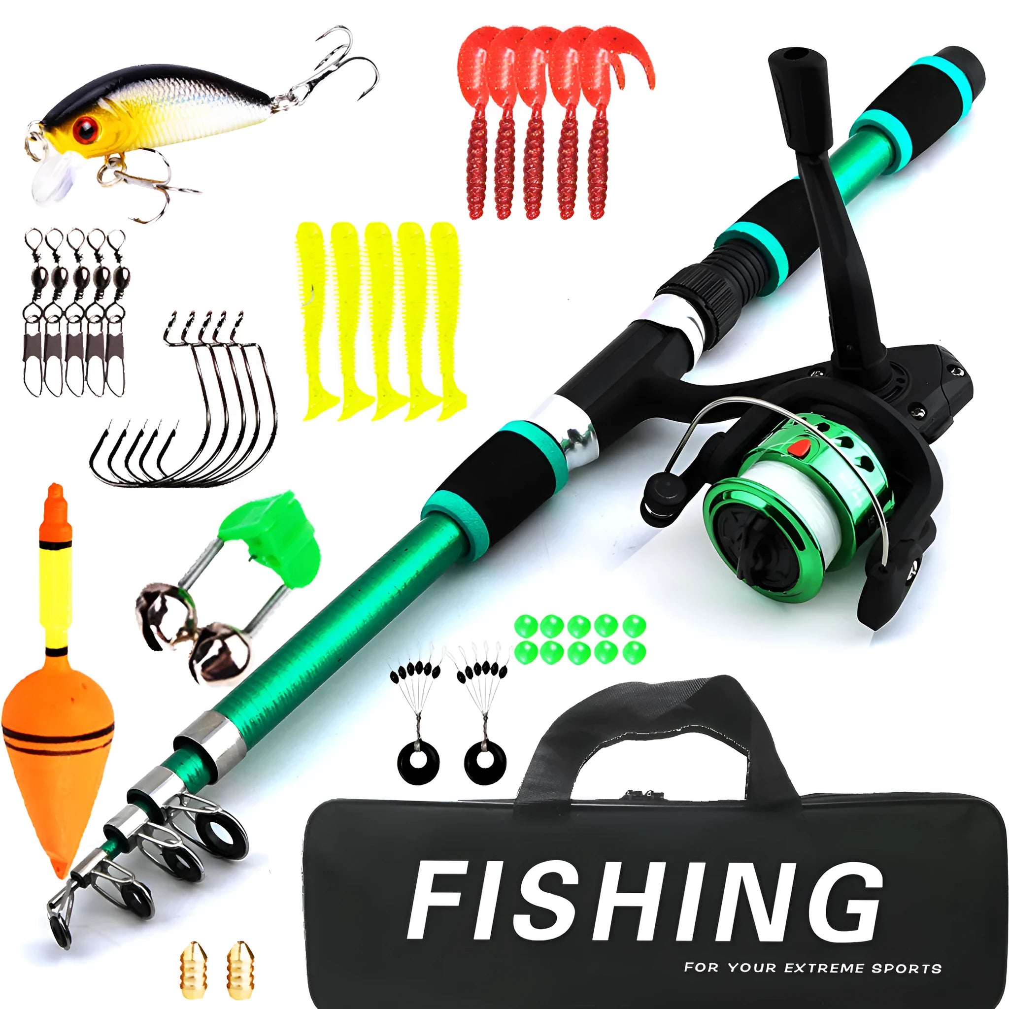 Children's beginner fishing rod set showing pole, reel, and tackle box accessories in blue colour option