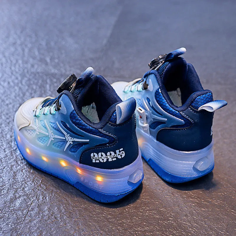 Children's striped knob roller skating shoes with rotating button fastening in blue, black or pink
