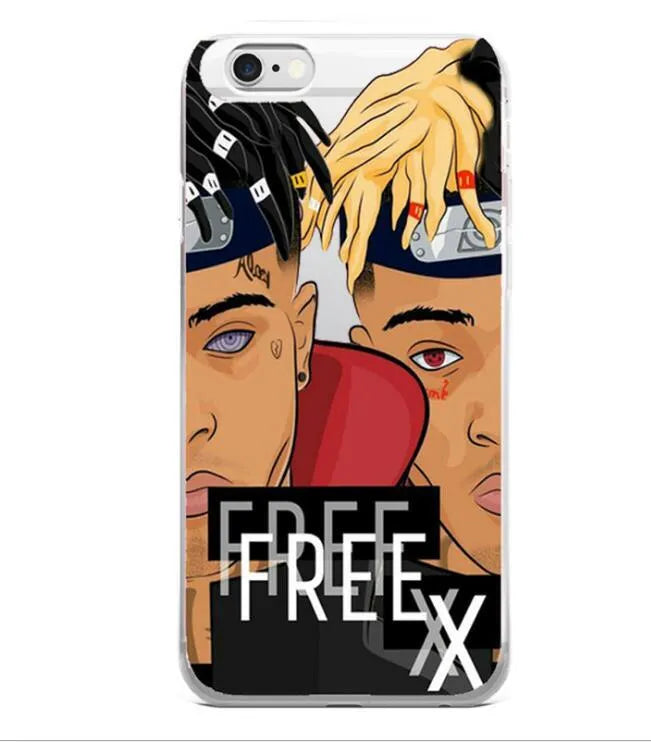 Matte transparent iPhone case with XXXTentacion pattern, showing half-wrapped design on an iPhone.