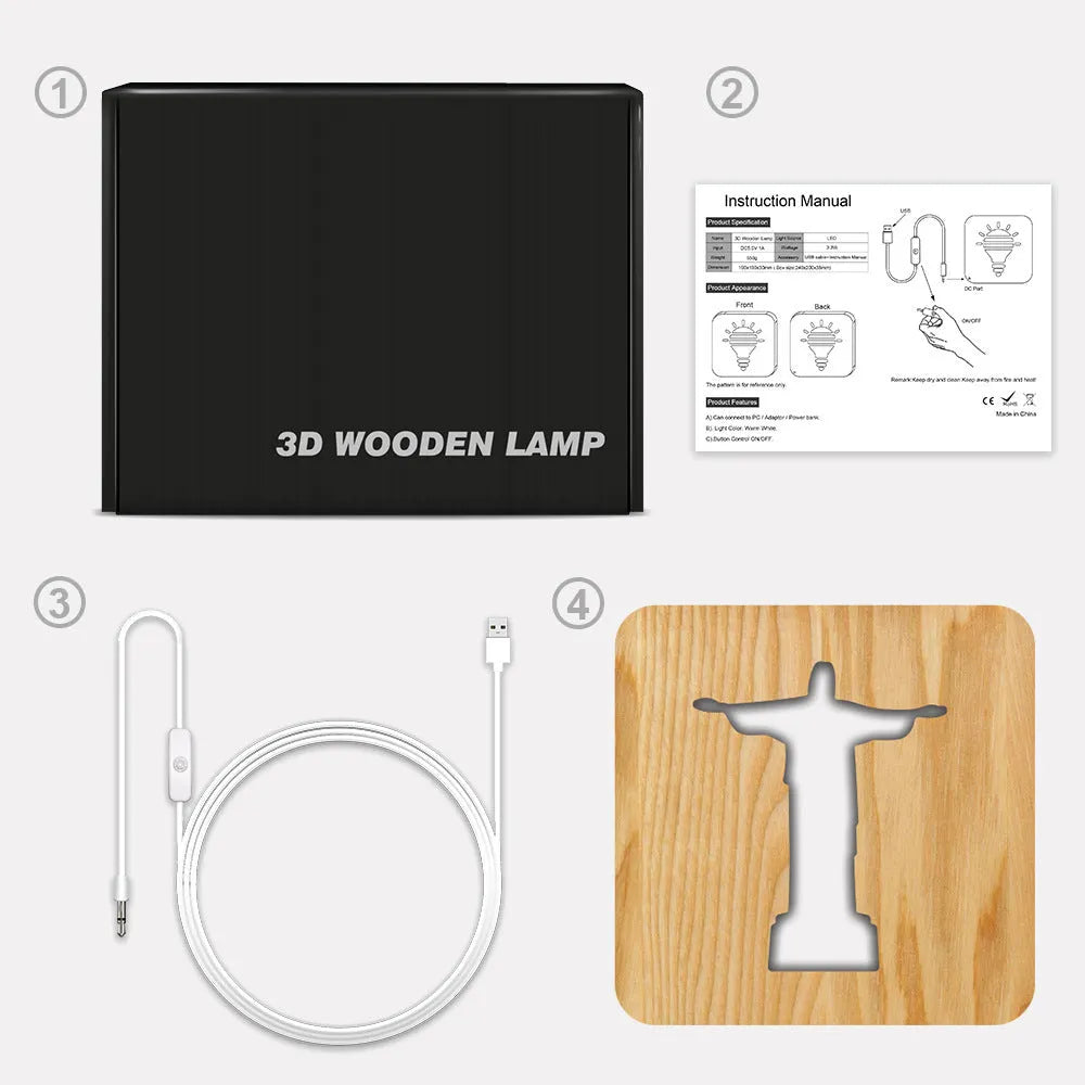 Solid wood hollow LED night lamp warm white with USB cable on wooden surface