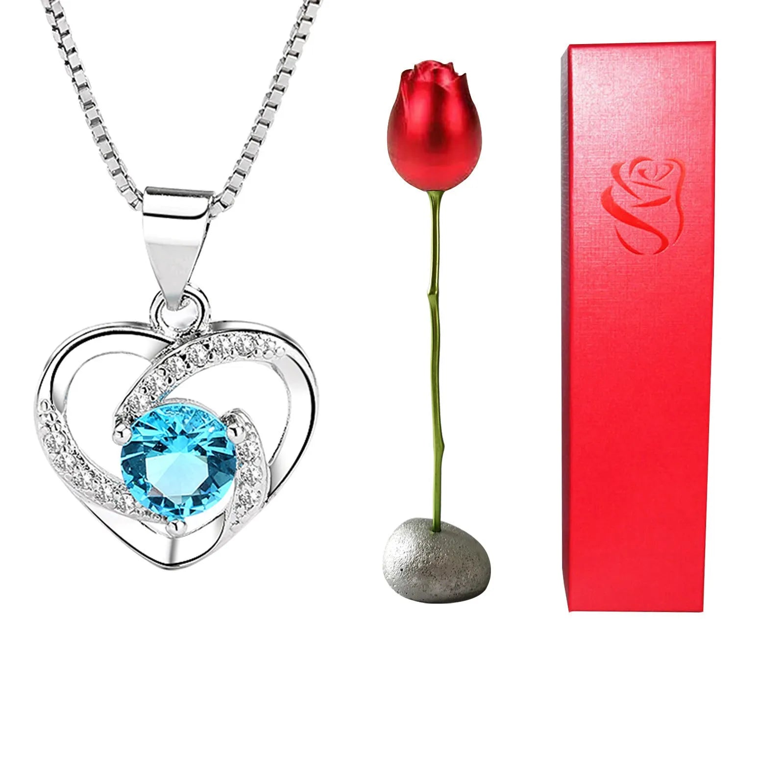 Heart-shaped crystal diamond rose pendant necklace in copper with electroplated finish, rose box packaging