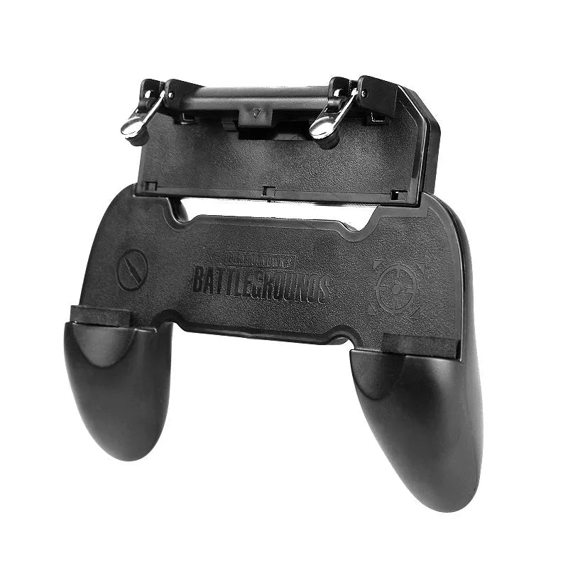 Black wired mobile gaming controller plugged into iPhone with physical buttons and directional pad
