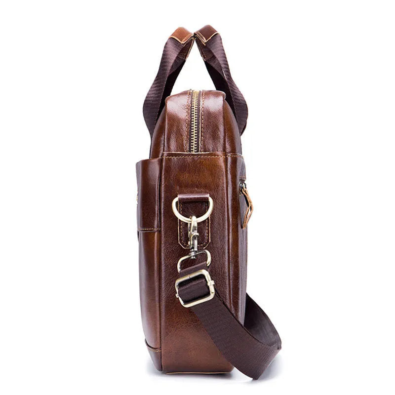 Captain Cow Leather Briefcase 044 in brown first layer cowhide with three compartments and metal clasp