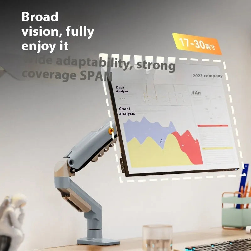 F80-XV gray robotic arm monitor bracket on desk with aluminium alloy frame and ABS plastic parts