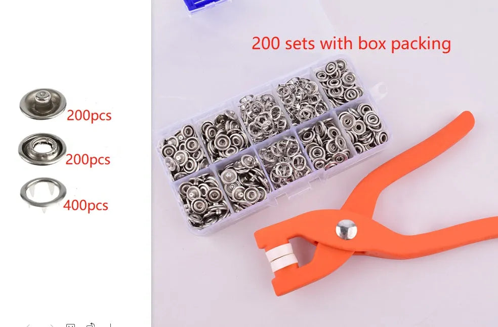 Stainless steel no-sew clothing button kit with pliers for children's garments