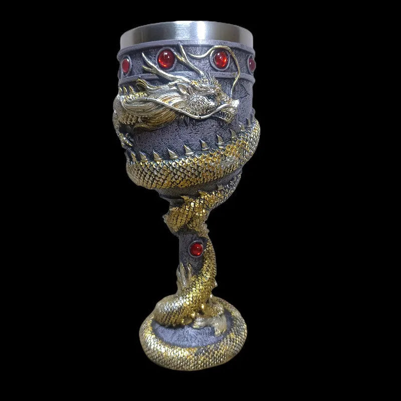 Red wine glass with 3D Chinese dragon stainless steel design in gold colour, 200ml capacity