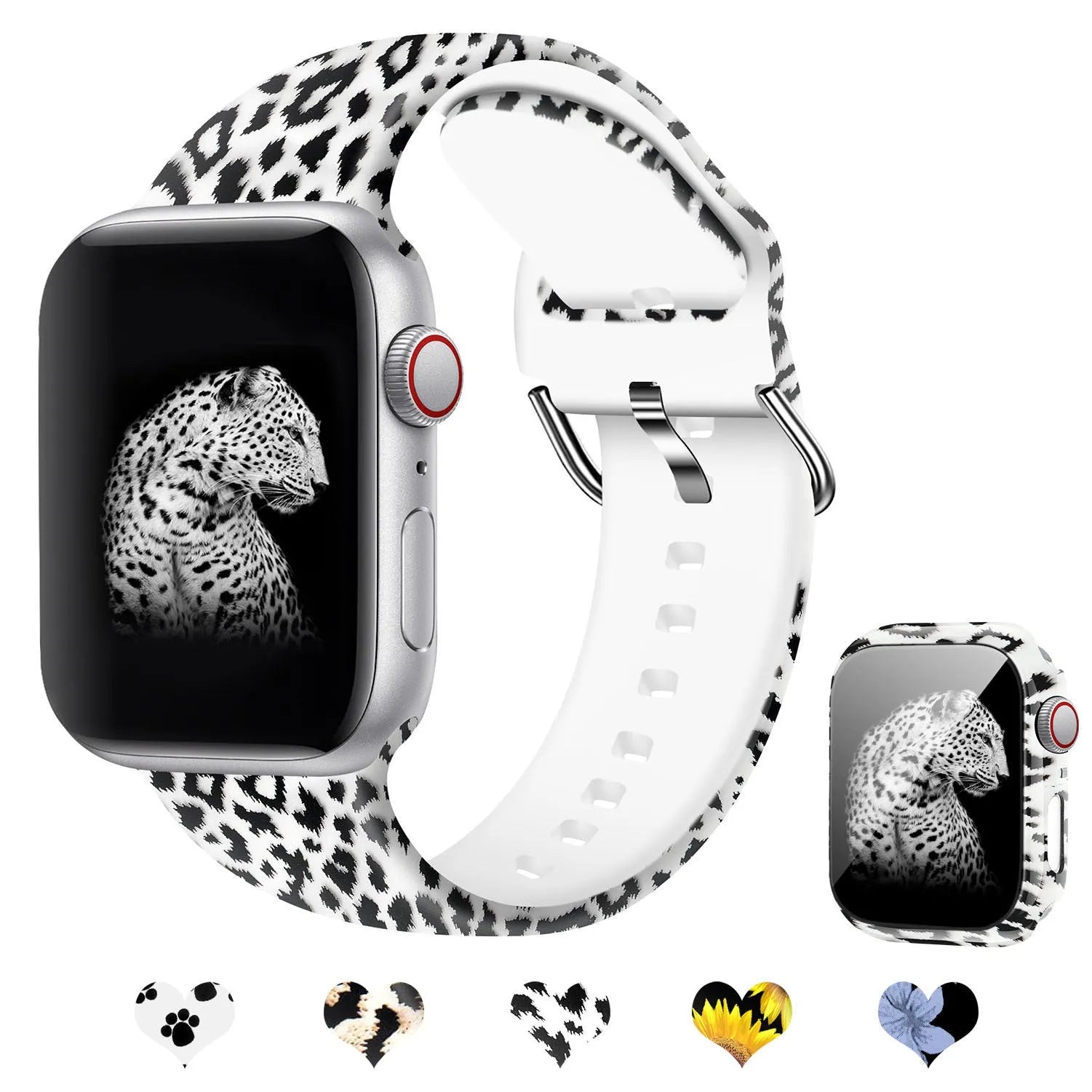Printed silicone Apple Watch replacement strap showing design options for iWatch 1-6 and SE compatibility