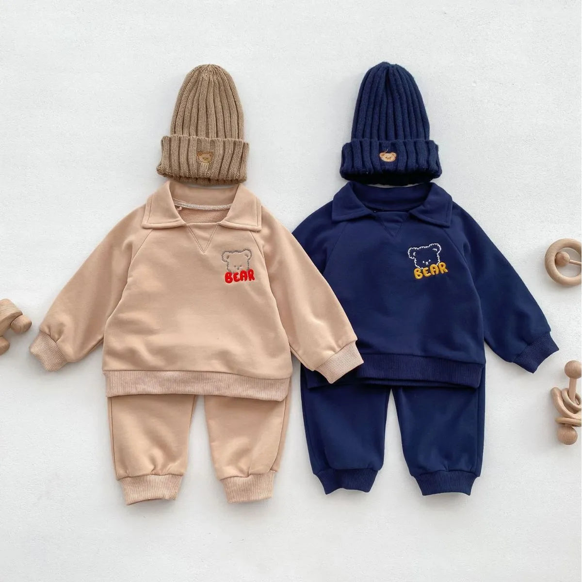 Baby Bear lapel sweater and pants two-piece set in cotton, sapphire blue or khaki beige, sizes 66cm to 100cm