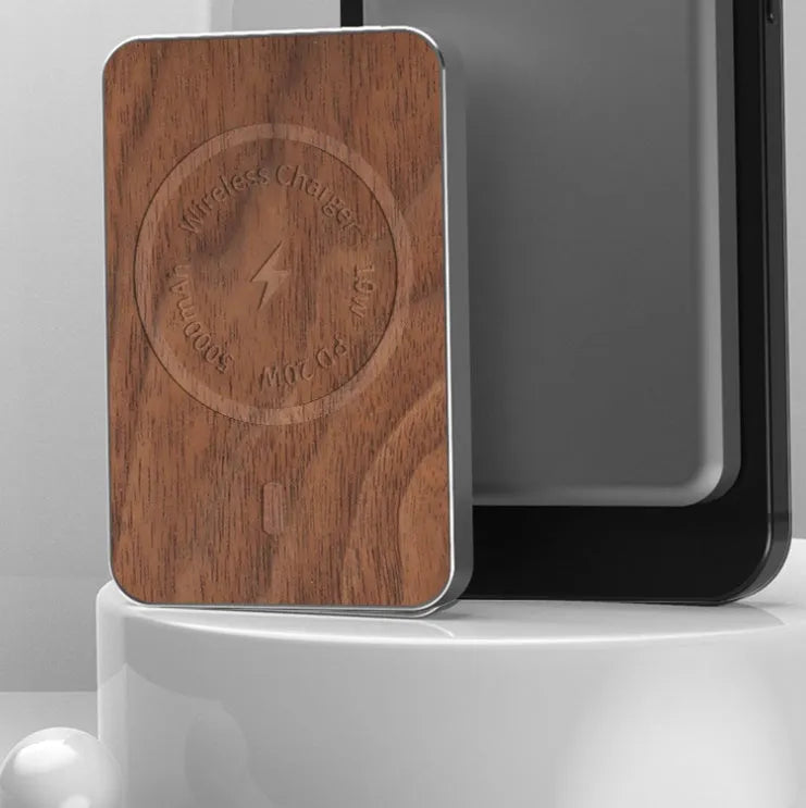 Khaki-coloured aluminium magnetic wireless power bank showing USB port and dimensions.