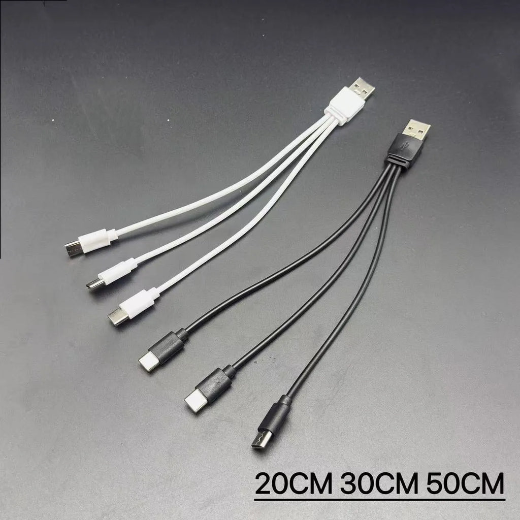 USB to three Type-C charging cable, 3-in-1 PVC data line, black or white, 12cm to 1m lengths