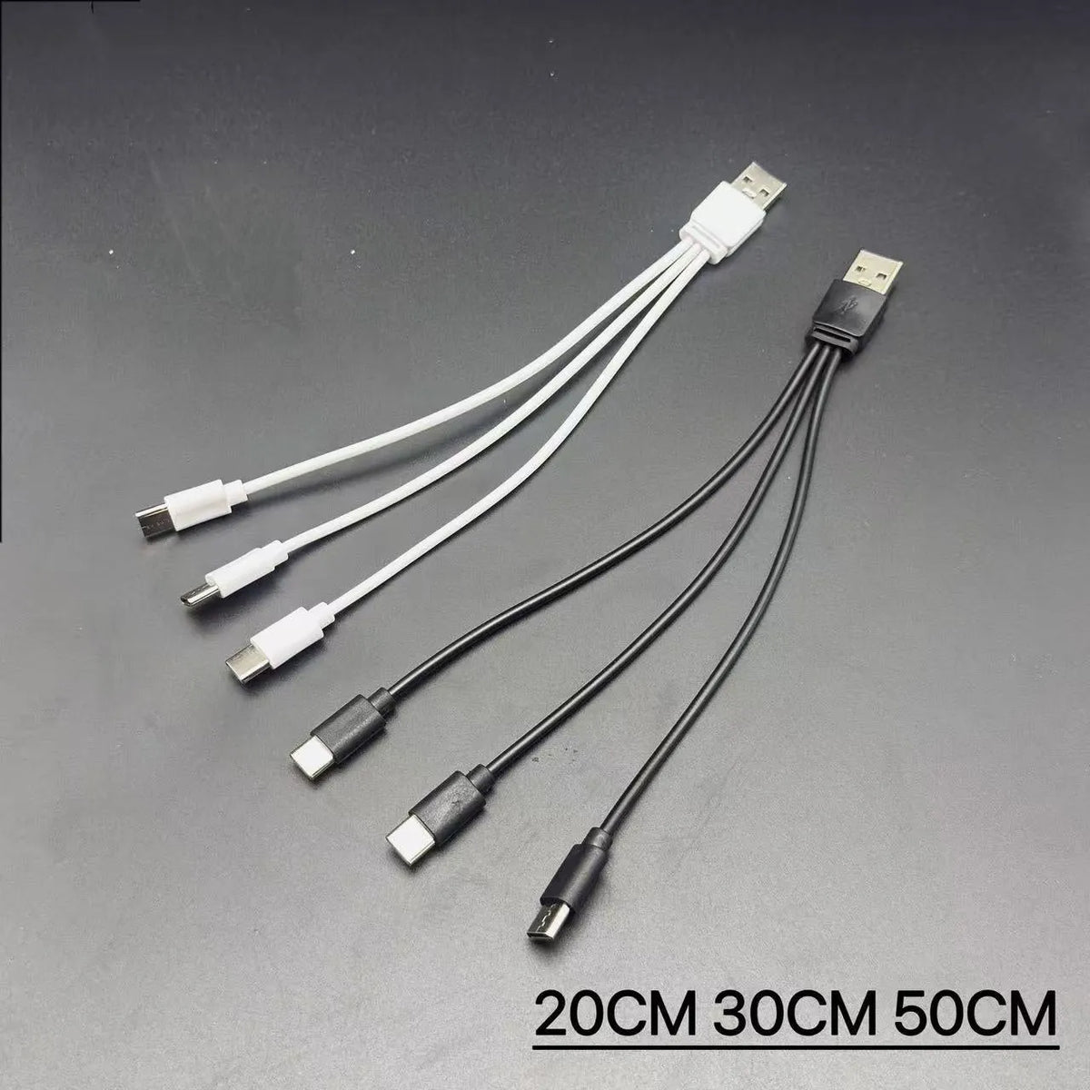 USB to three Type-C charging cable, 3-in-1 PVC data line, black or white, 12cm to 1m lengths