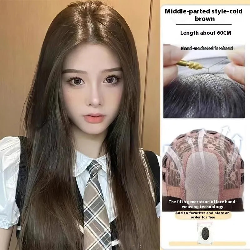 Black long straight full-head synthetic wig with lace front and side bangs.