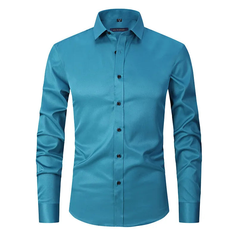 Men's grey stretch long sleeve work shirt made from polyester fabric on a hanger
