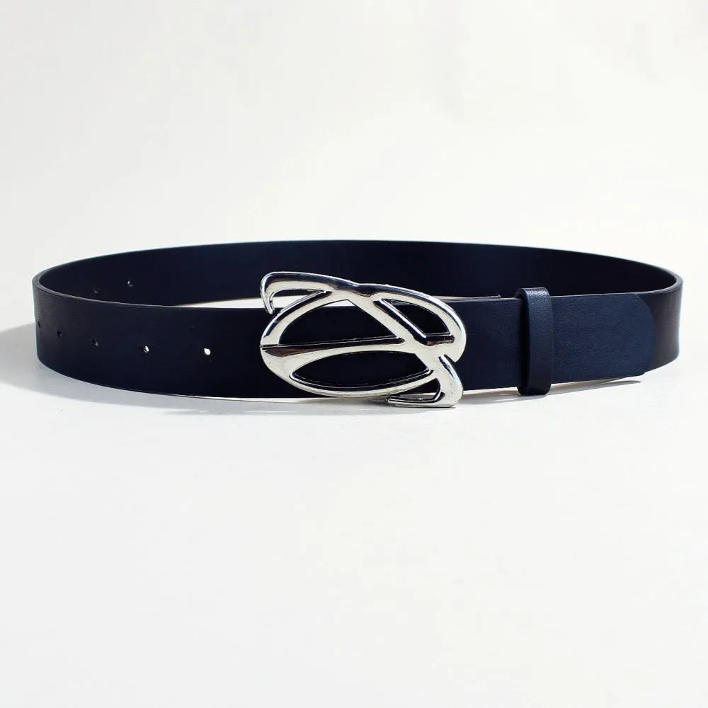 Casual silver buckle belt made from PU leather with snap button fastening
