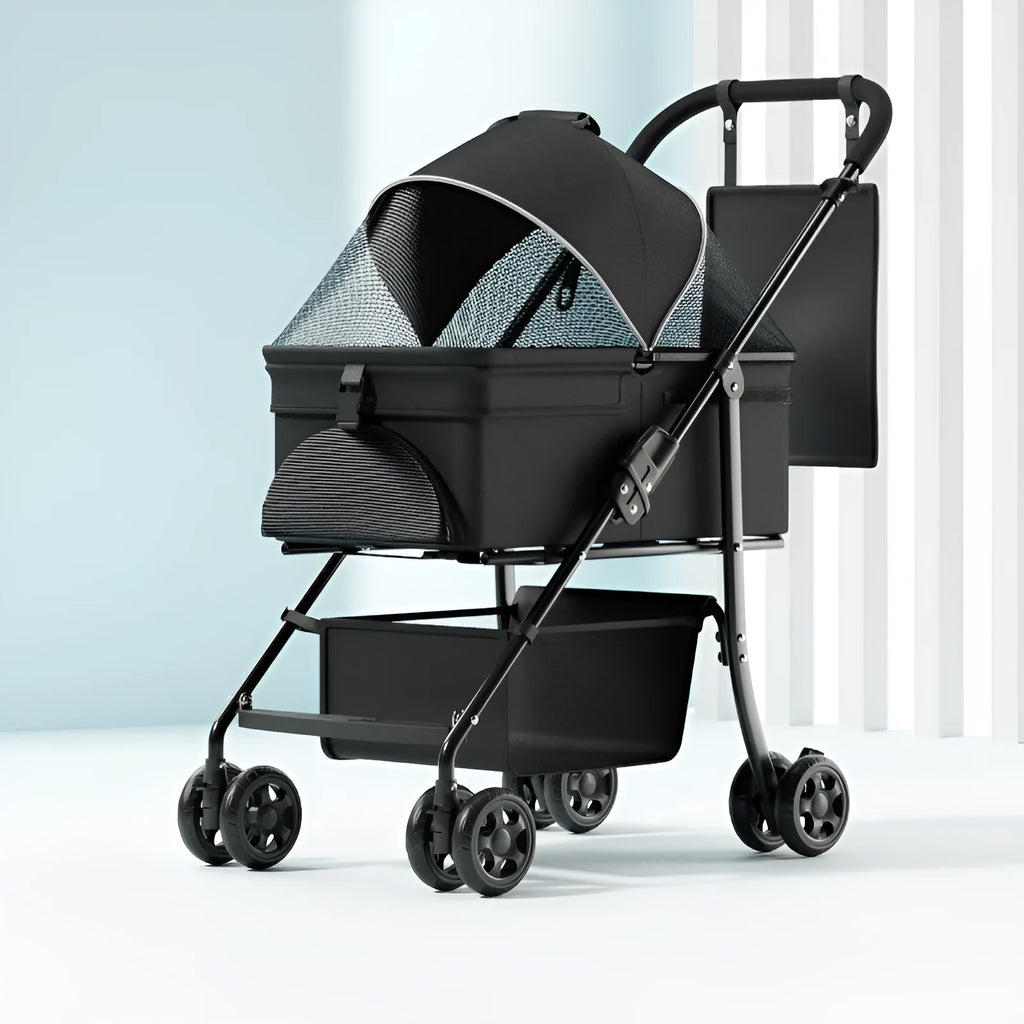 Black warrior style pet cart with detachable components and one-click folding mechanism