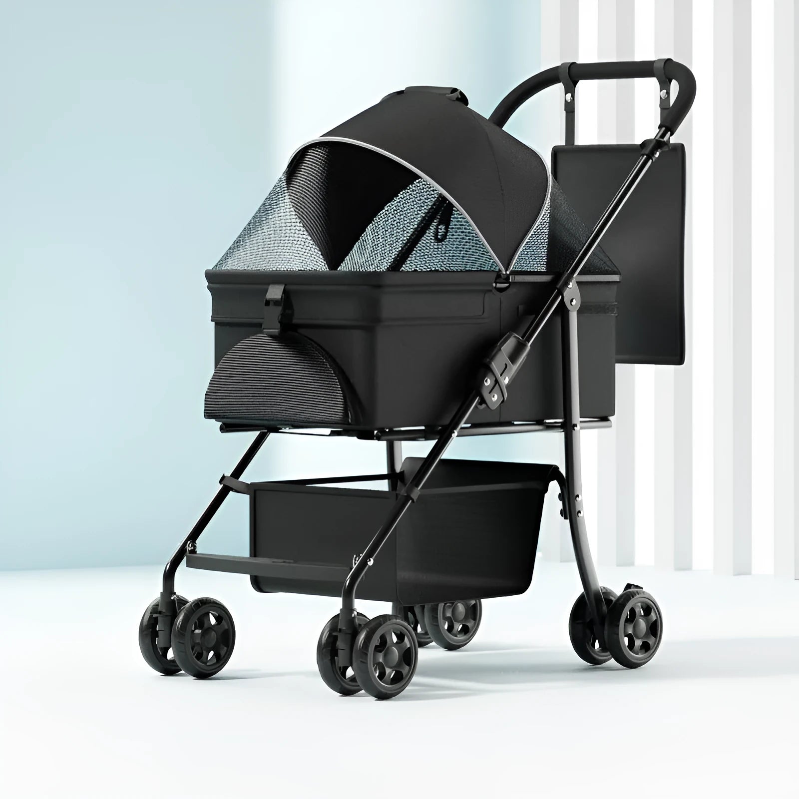 Black warrior style pet cart with detachable components and one-click folding mechanism