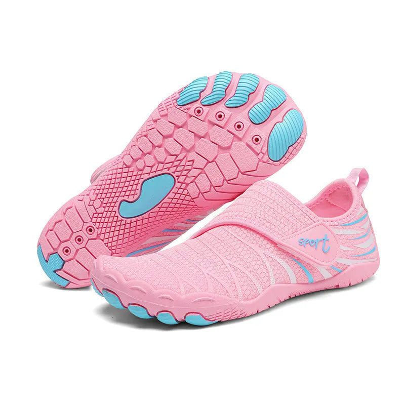 Pair of men and women outdoor wading shoes with mesh upper and rubber sole in black