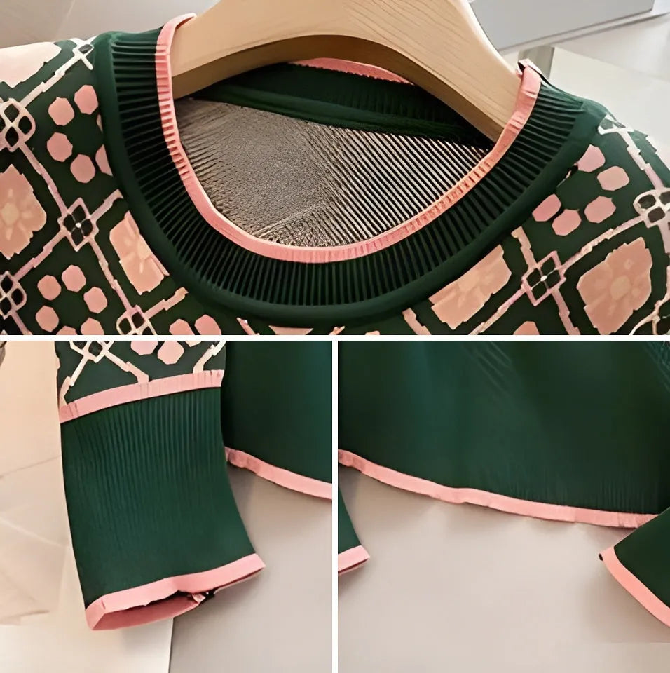 Green printed women's loose fit sweater with regular sleeves