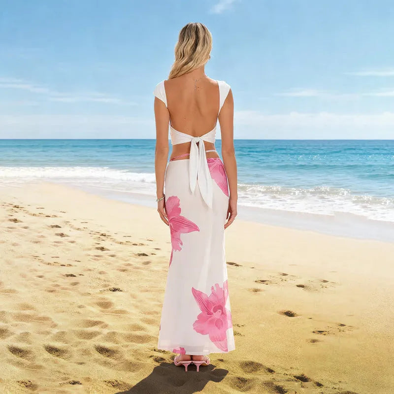 Summer women's double-layer tie-draped long pencil skirt in milk silk fabric, pink colour, front view