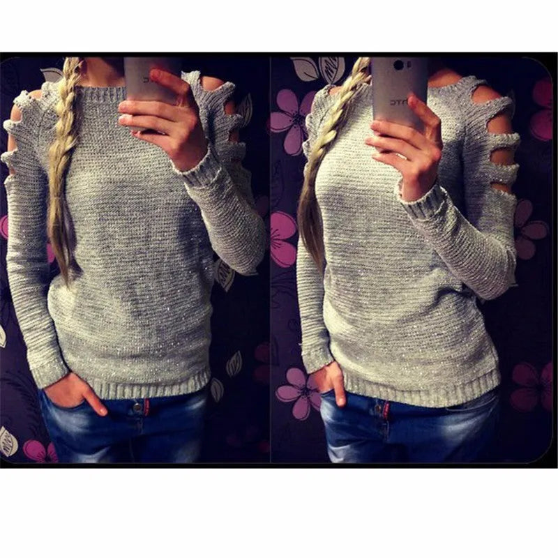 Grey women's knitted shirt with round neck and crocheted hollow-out detail on long sleeves
