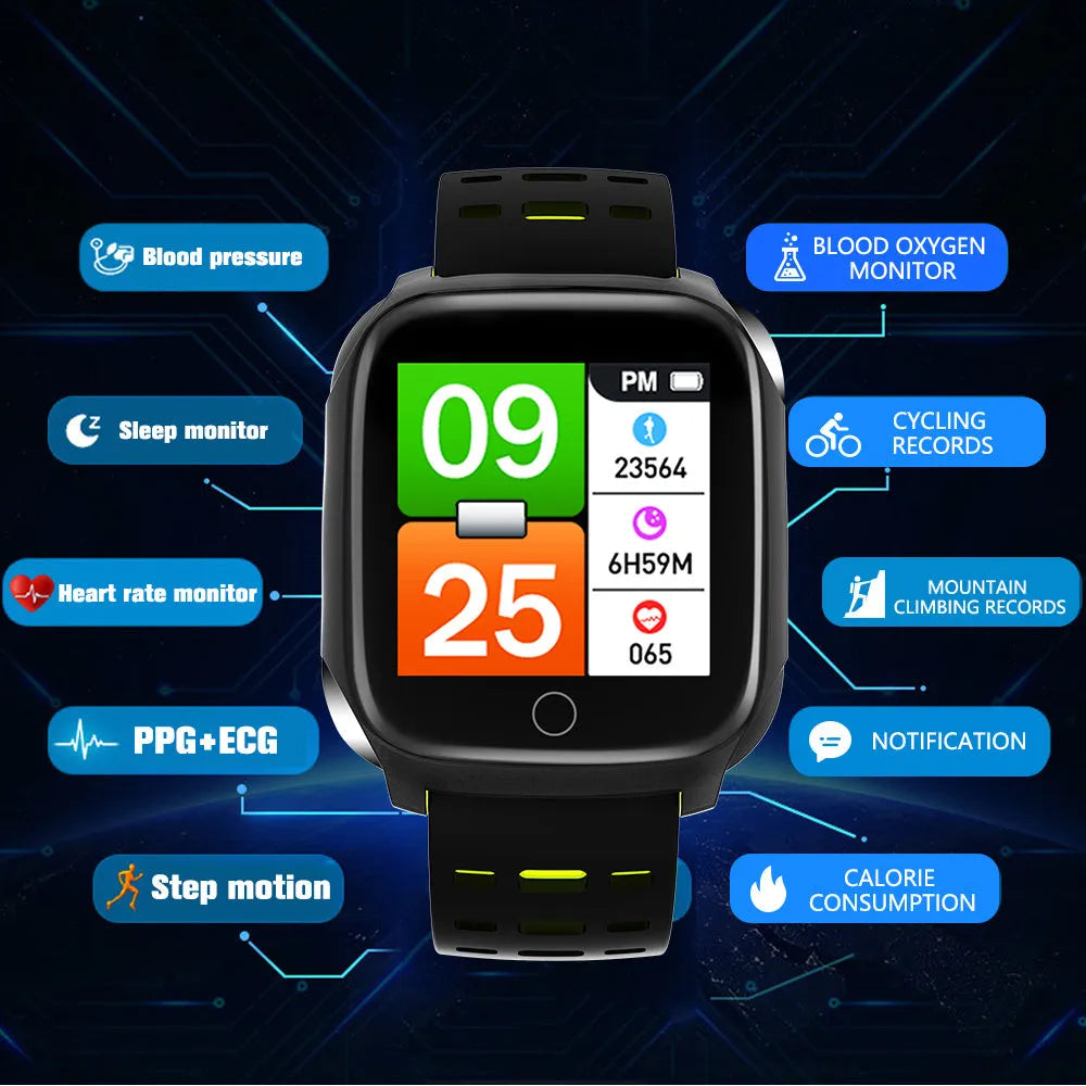 F16 smart watch with ECG monitor showing blood pressure and heart rate tracking on 43mm IPS display