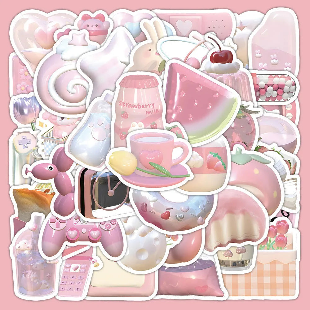Close-up of realistic 3D decorative stickers showing pink girl and heart designs from a 63-piece set.