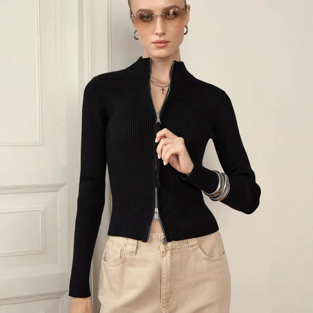 Women's slim fit long sleeve top with stand collar and zip front, high waist, viscose, 50cm length, white burgundy black dark brown.