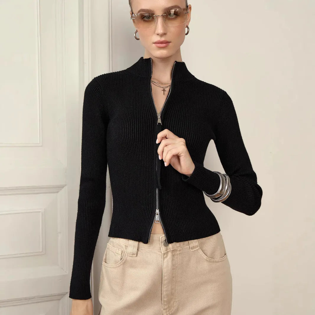 Women's slim fit long sleeve top with stand collar and zip front, high waist, viscose, 50cm length, white burgundy black dark brown.