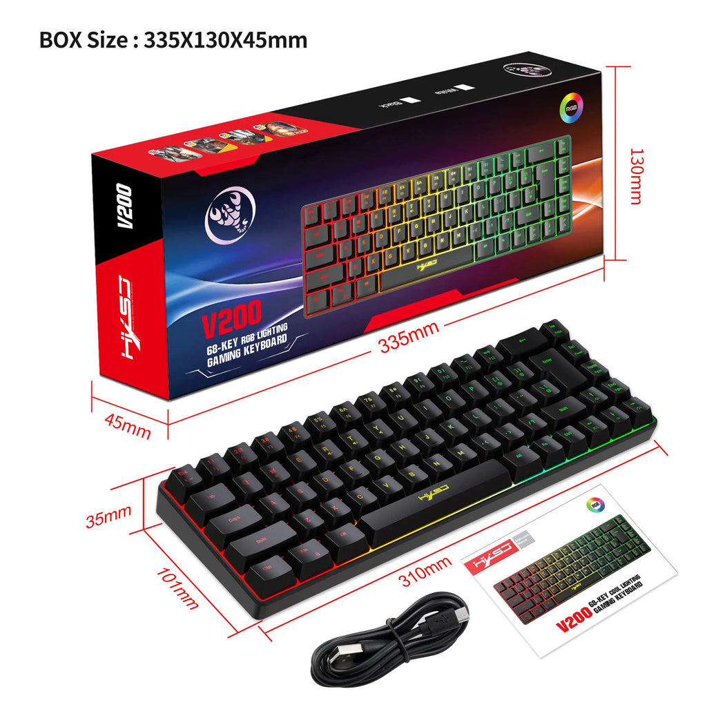 Mechanical feeling membrane gaming keyboard 68 keys black ABS wired USB compact layout