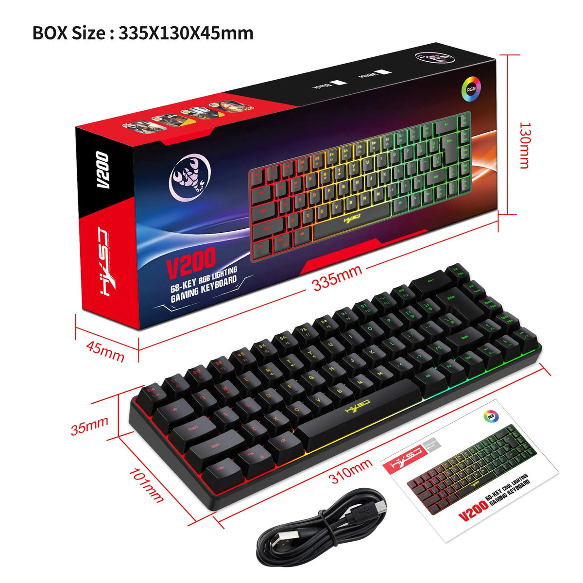Mechanical feeling membrane gaming keyboard 68 keys black ABS wired USB compact layout