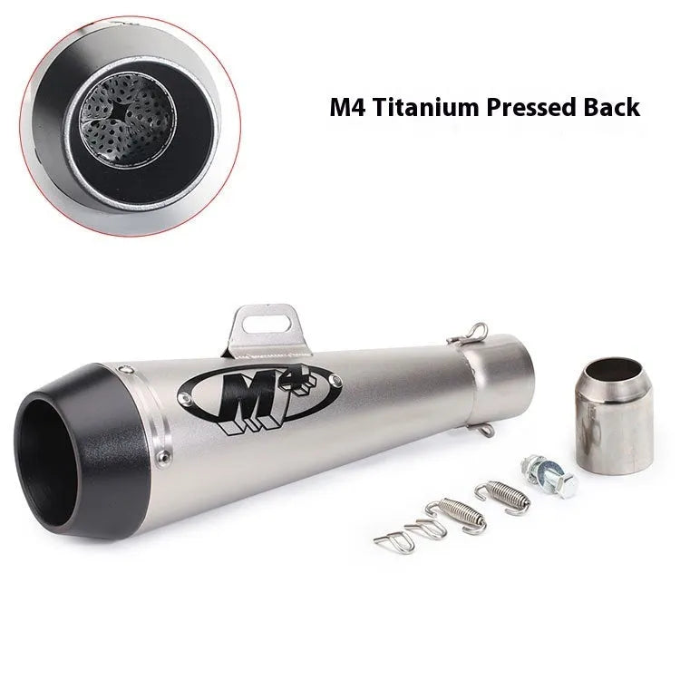 Universal M4 motorcycle exhaust pipe in multiple finish options including black, white steel, titanium and blue
