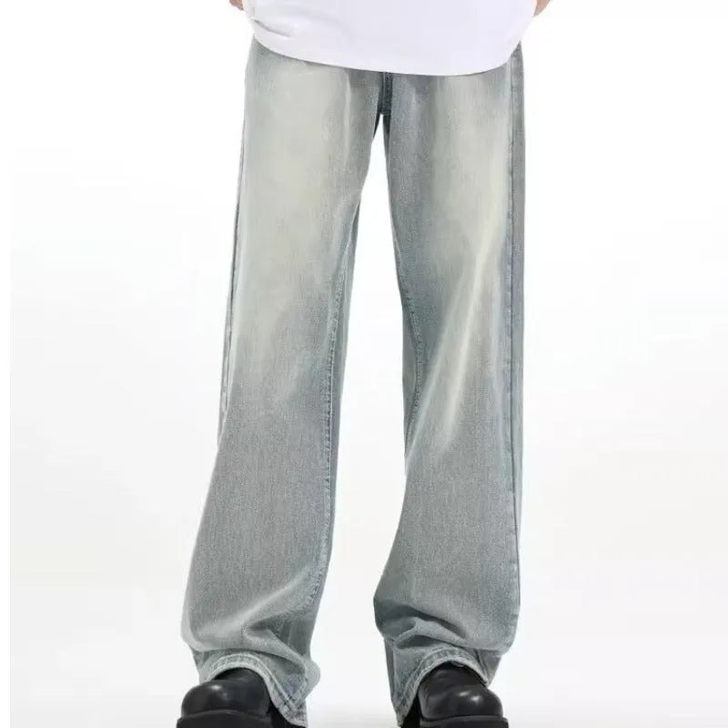 Blue retro-style loose trousers made from rabbit fur, showing a casual fit.