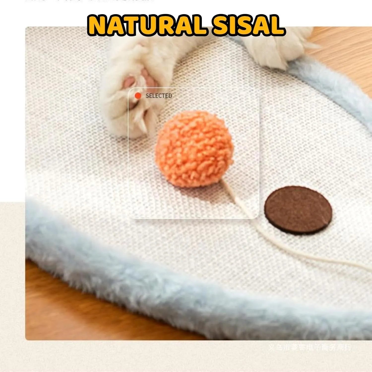 White wall-mounted cat scratching mat with natural sisal surface in a sleeping cat cartoon design.