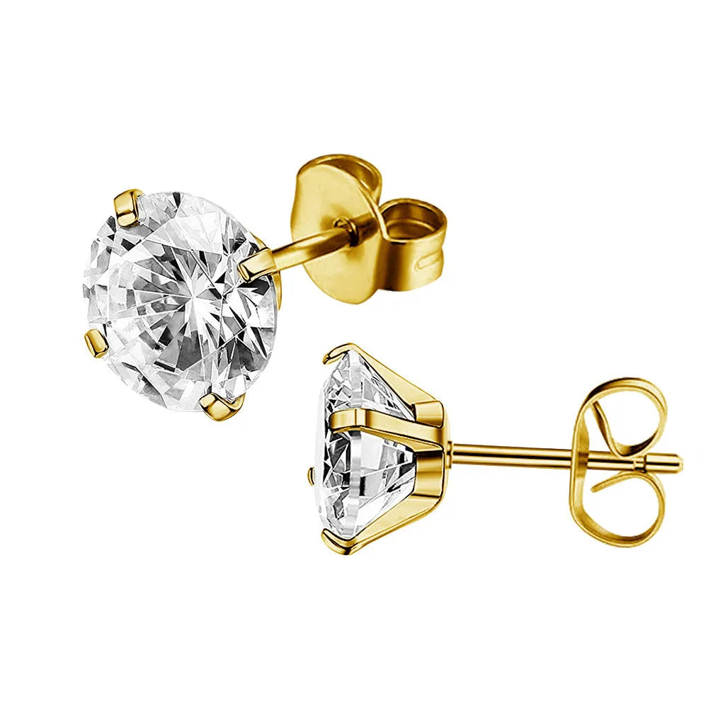 Titanium steel geometric stud earrings with square and round zircon stones in gold and steel colour finishes