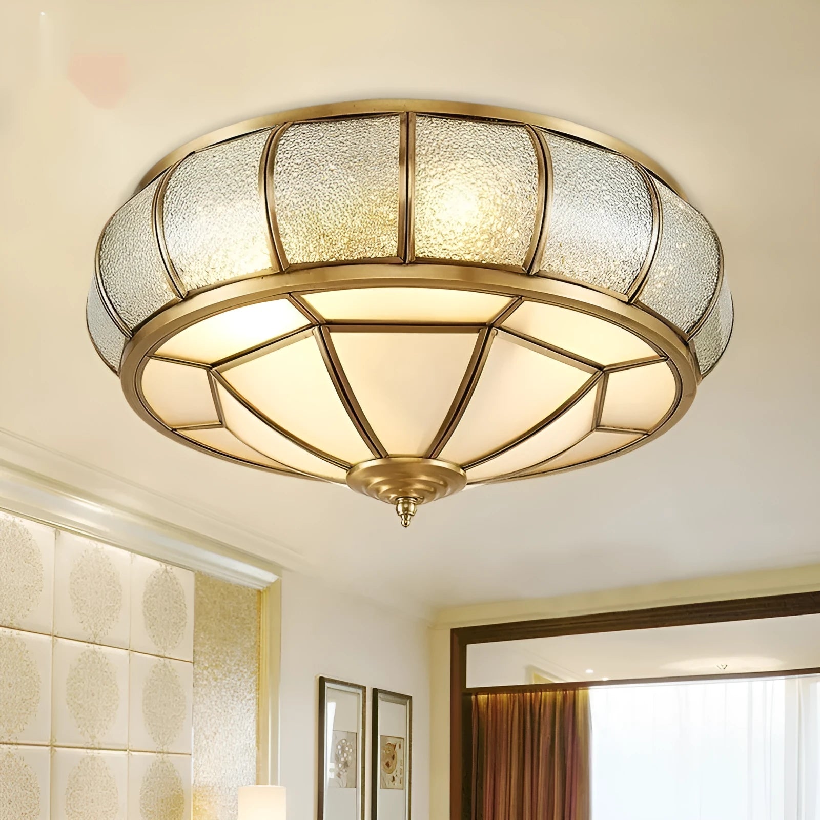 Copper American style wall lamp with tri-colour light source 35cm diameter for bedroom corridor