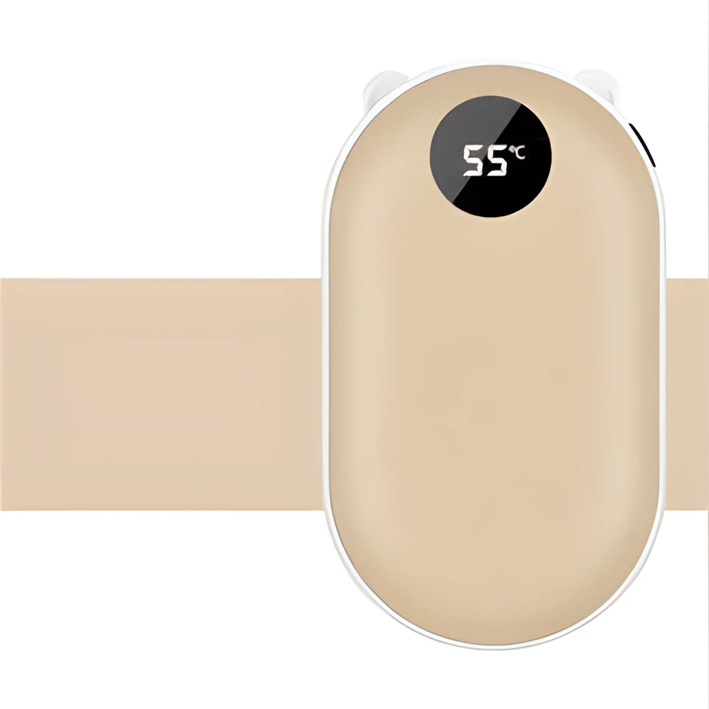 Rechargeable hand warmer and power bank with digital display in rose gold colour