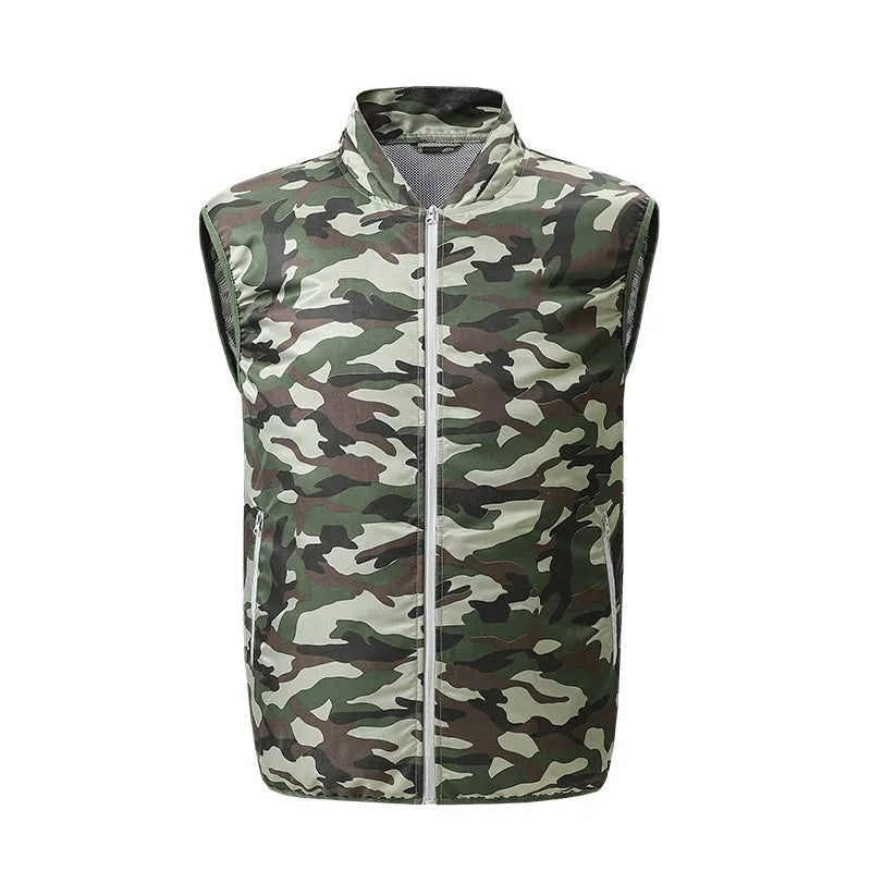 Men's outdoor cooling vest in camouflage with fan and power bank options, polyester, sizes M to 4XL