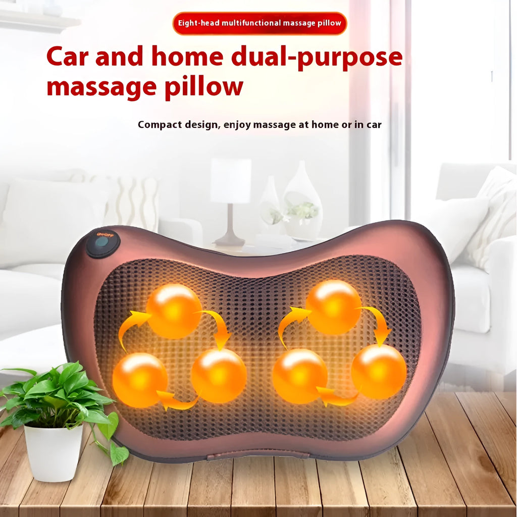 Brown genuine leather smart neck massage pillow with 8 massage heads for home and car use
