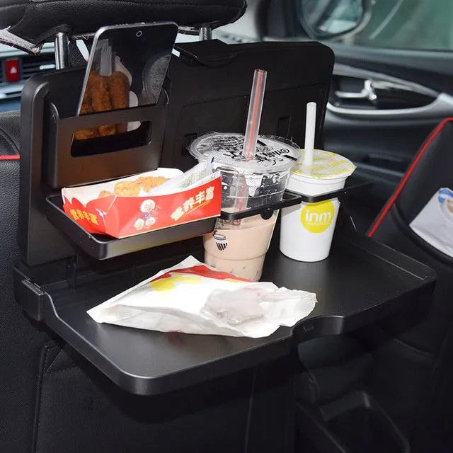 Car back seat folding table in black PP plastic with large tray for drinks and snacks, size 340x200x30mm