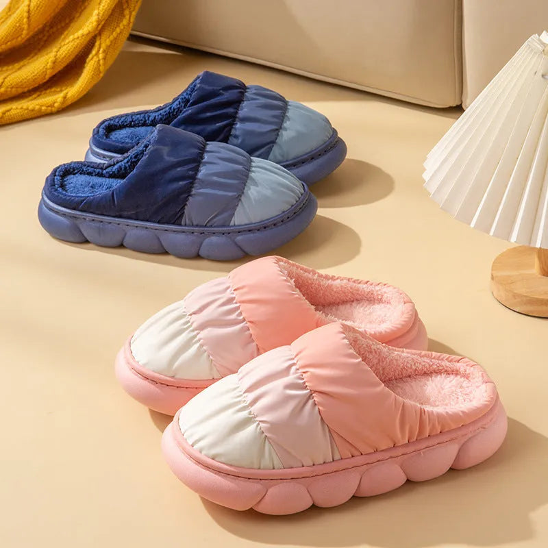 Gradient plush winter house slippers with waterproof cloth upper and anti-skid foaming sole, in pink purple green grey or dark blue.