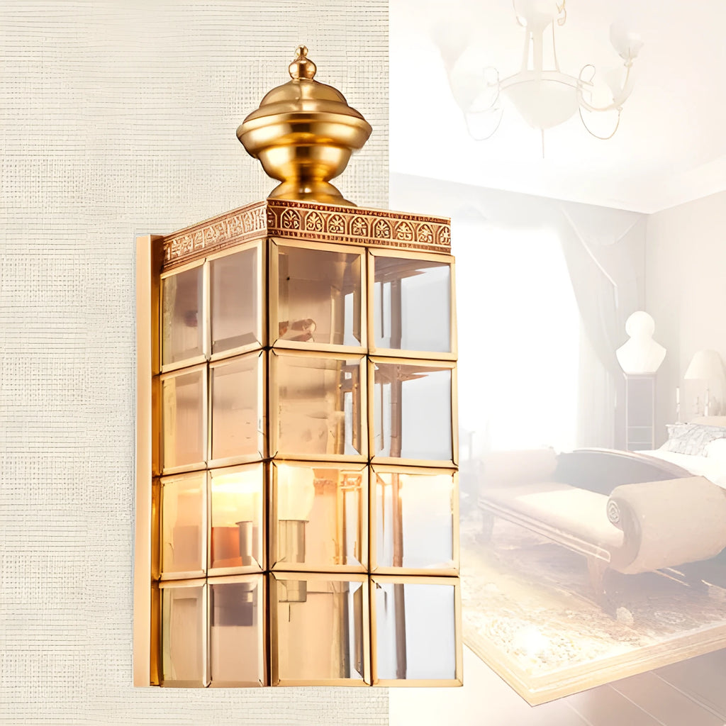 Gold full copper wall lamp with glass shade, E27 fitting, 130 x 410 x 150 mm, for balcony courtyard