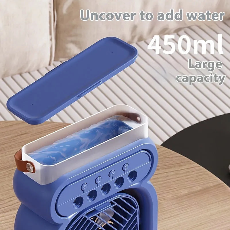 3-in-1 portable evaporative air cooler with 7-colour LED night light, USB-powered fan humidifier in white
